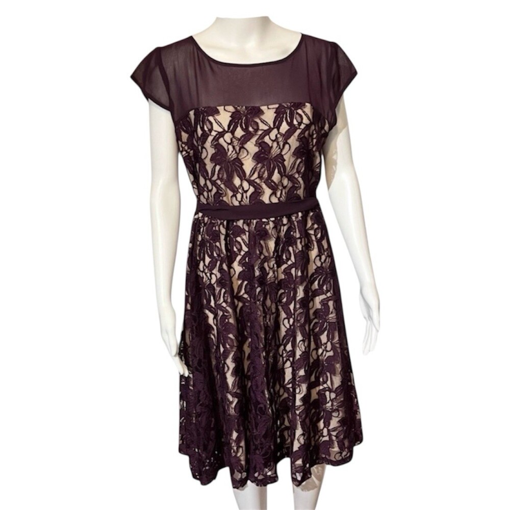 Vintage Y2K Dressbarn Cocktail Dress Womens 12 Purple Nude Overlay Lace